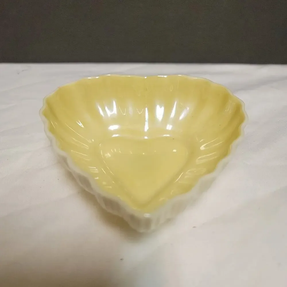 Belleek Vintage Scalloped Heart Trinket Dish Yellow Iridescent Glaze Ceramic